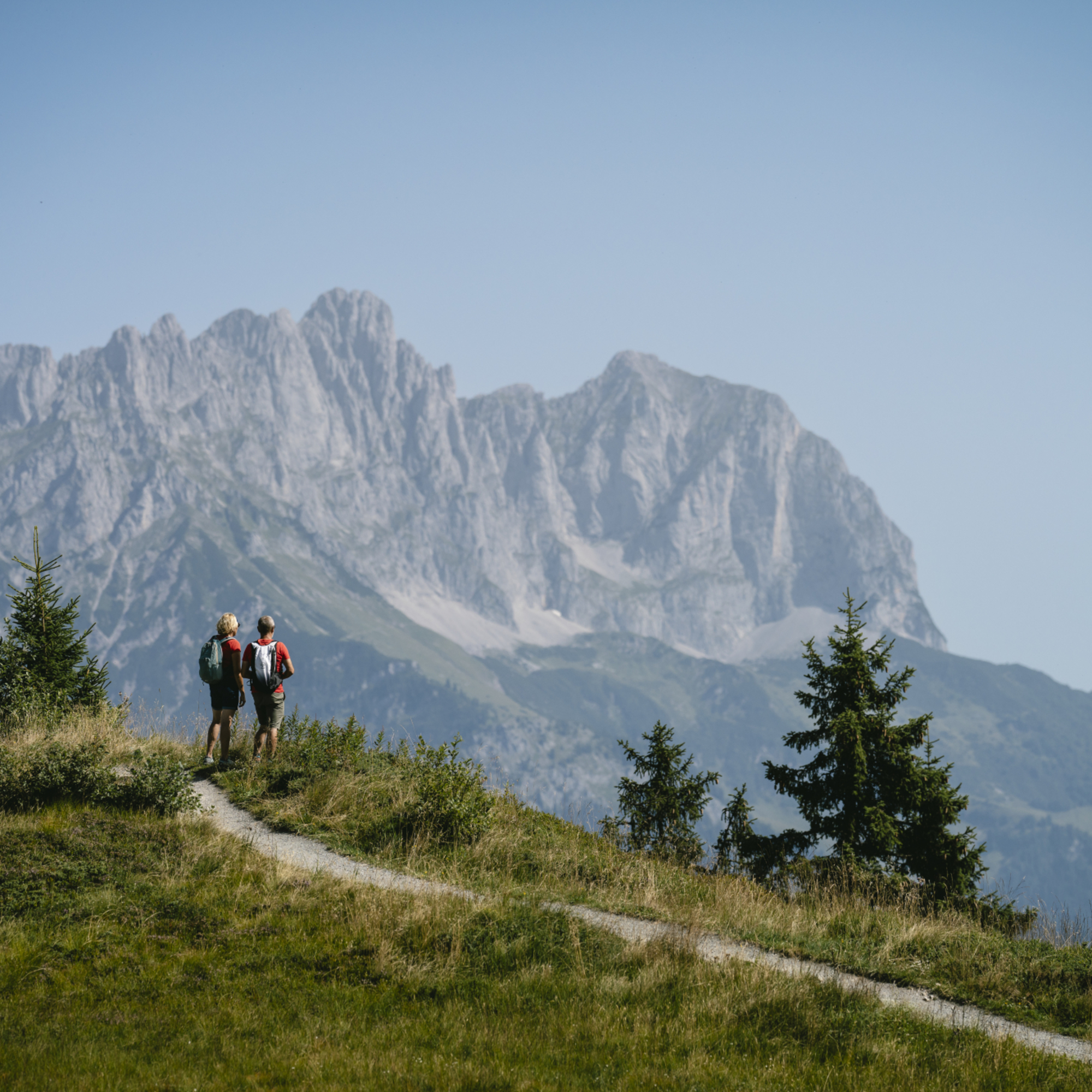 Zwei Wanderer auf Wanderweg mit Aussicht auf den Wilden Kaiser