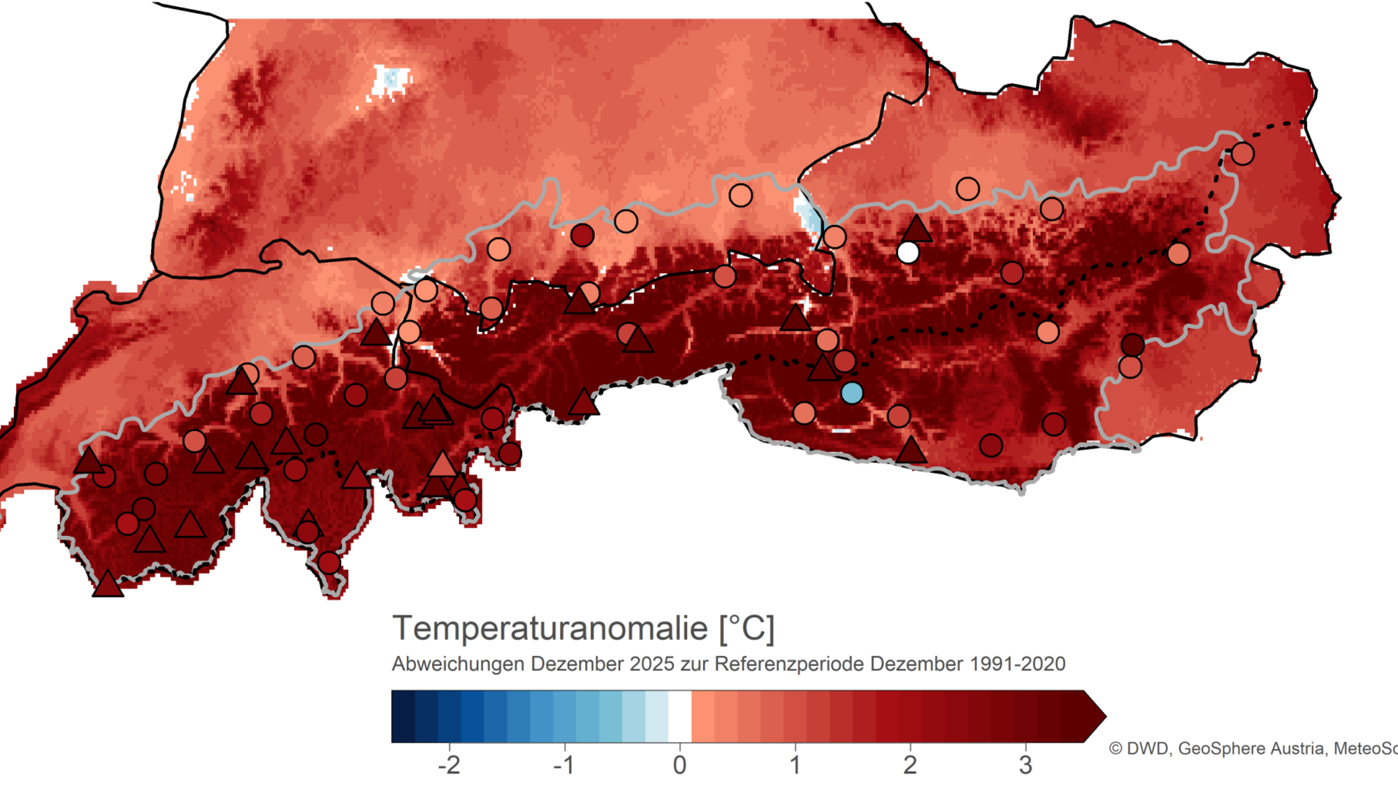Abweichung der Monatsmitteltemperatur im Dezember 2025 im Vergleich zum Klimamittel 1991–2020