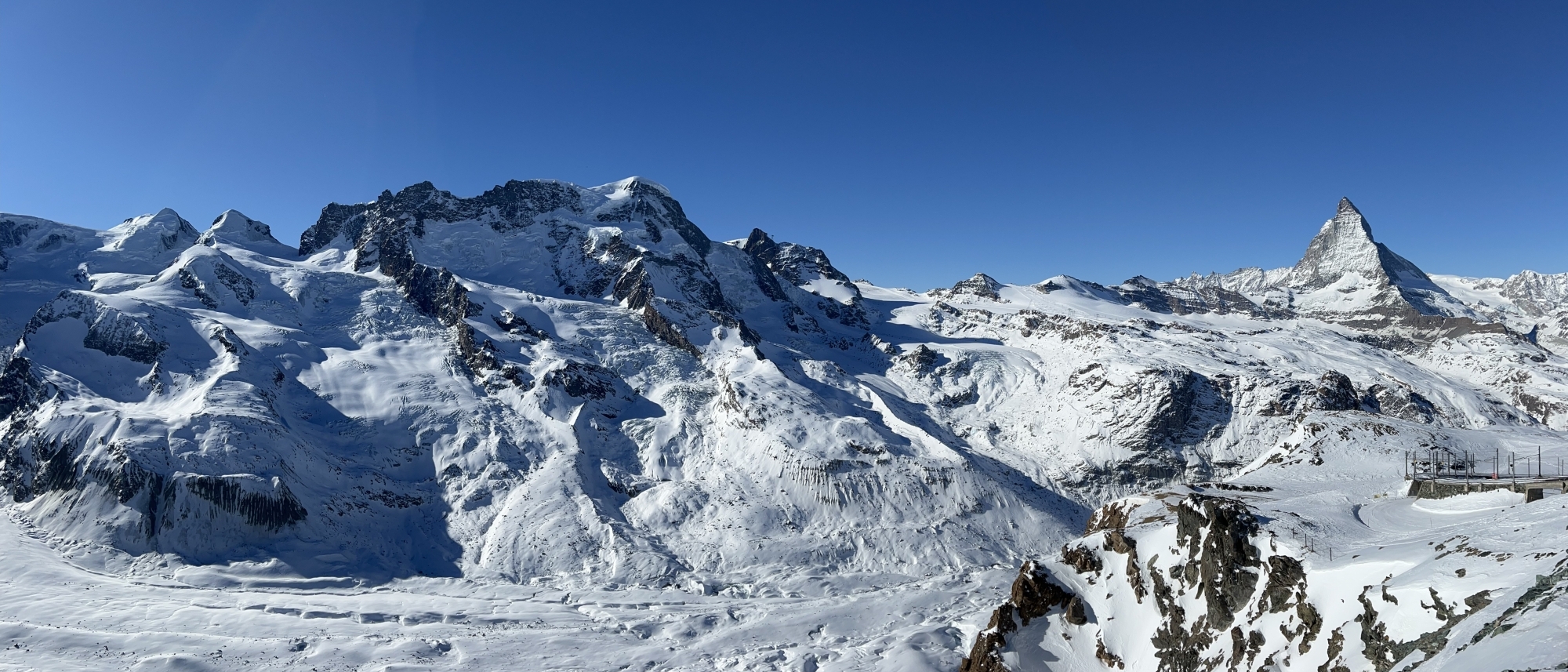 Blick vom Gornergrat auf die Gletscherfelder, Breithorn und Matterhorn