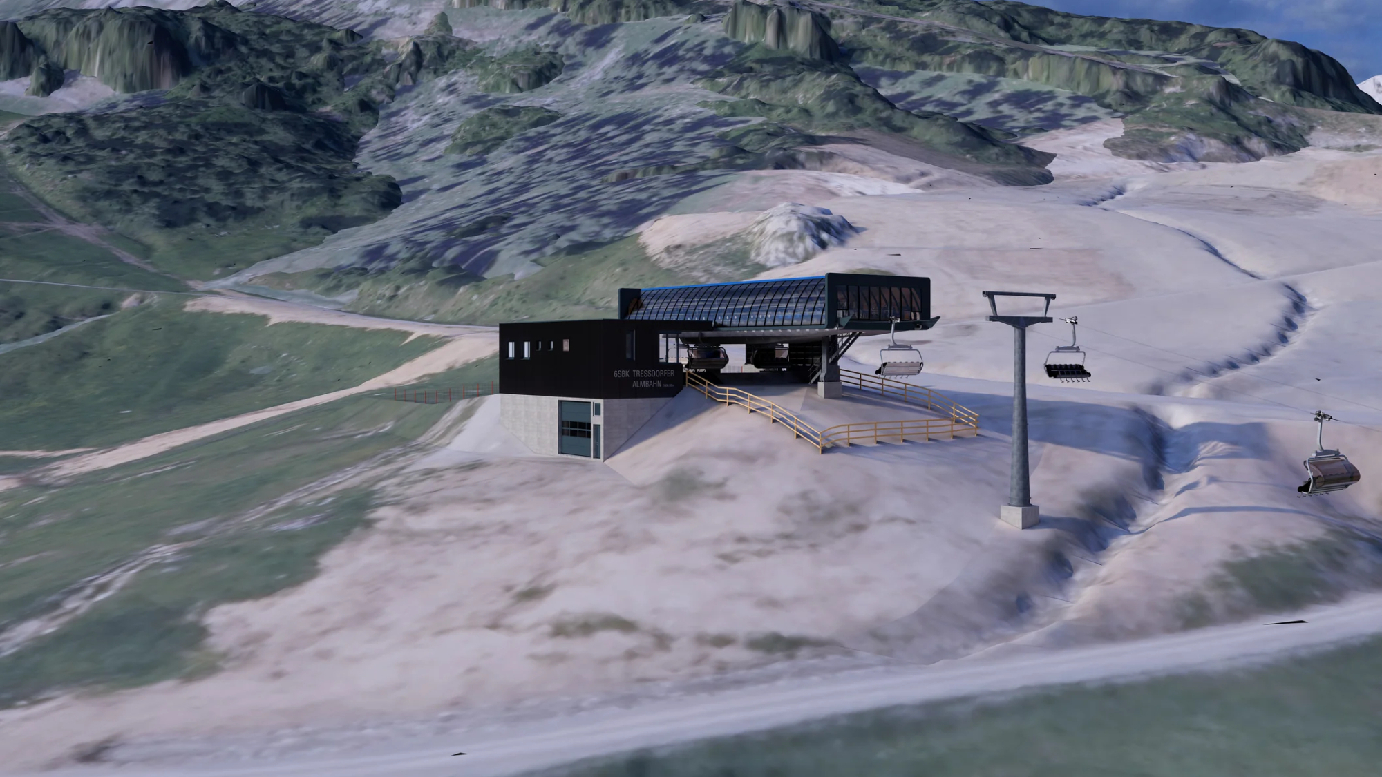 Bergstation mit Sessellift und Gondel in felsigem Gebiet.