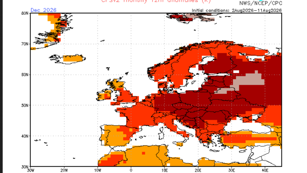 NOAA-CFS-Modell: Temperaturabweichungen Dezember 2026 im Vergleich zum langjährigen Mittel (1991-2020)