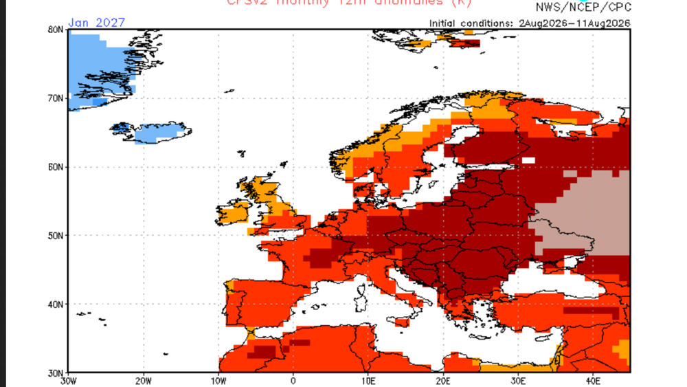 NOAA-CFS-Modell: Temperaturabweichungen Januar 2027 im Vergleich zum langjährigen Mittel (1991-2020)
