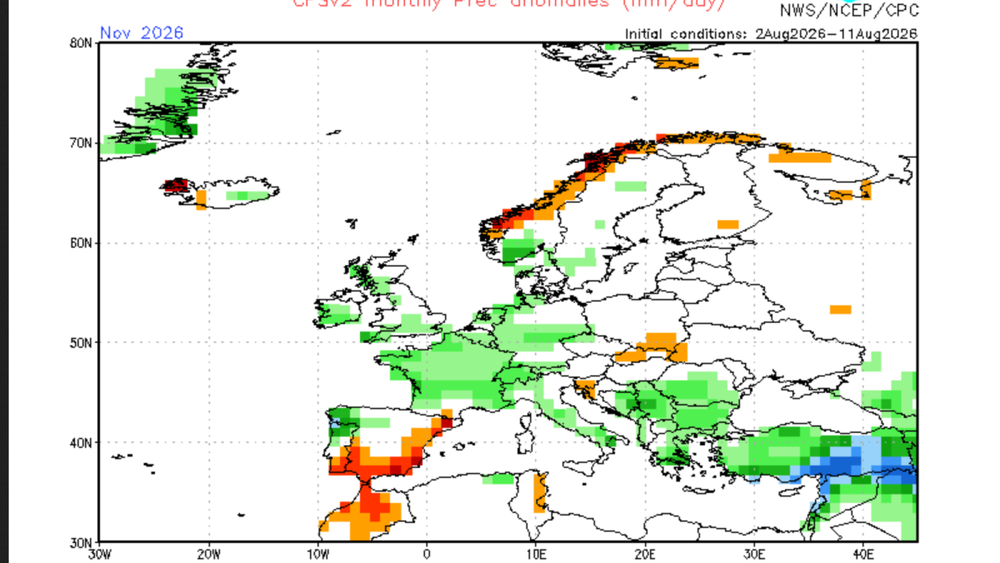 NOAA-CFS-Modell: Niederschlagsabweichungen November 2026 im Vergleich zum langjährigen Mittel (1991-2020) 