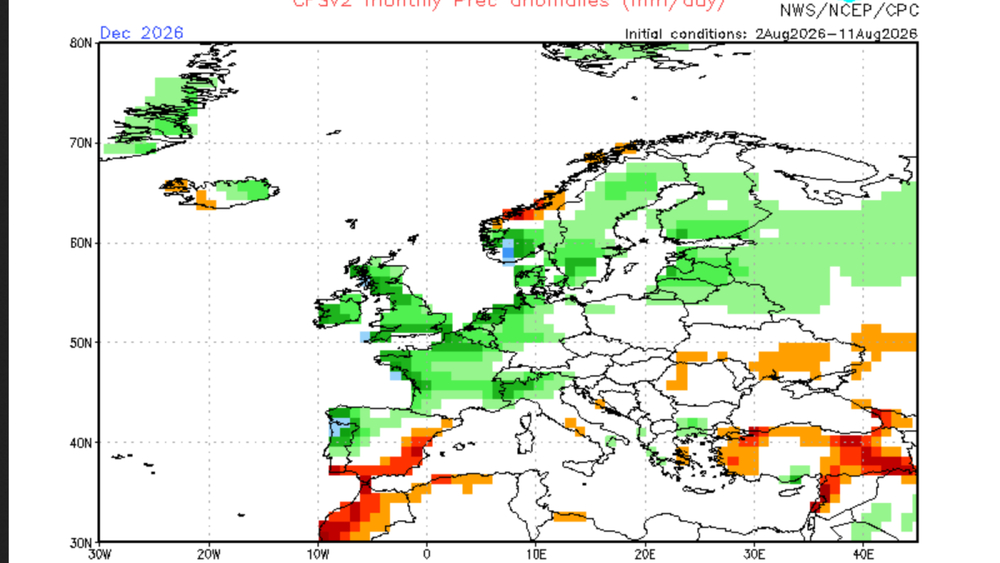 NOAA-CFS-Modell: Niederschlagsabweichungen Dezember 2026 im Vergleich zum langjährigen Mittel (1991-2020)