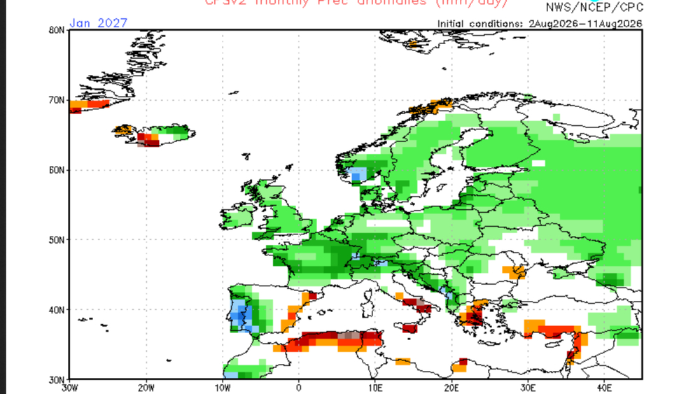 NOAA-CFS-Modell: Niederschlagsabweichungen Januar 2027 im Vergleich zum langjährigen Mittel (1991-2020)