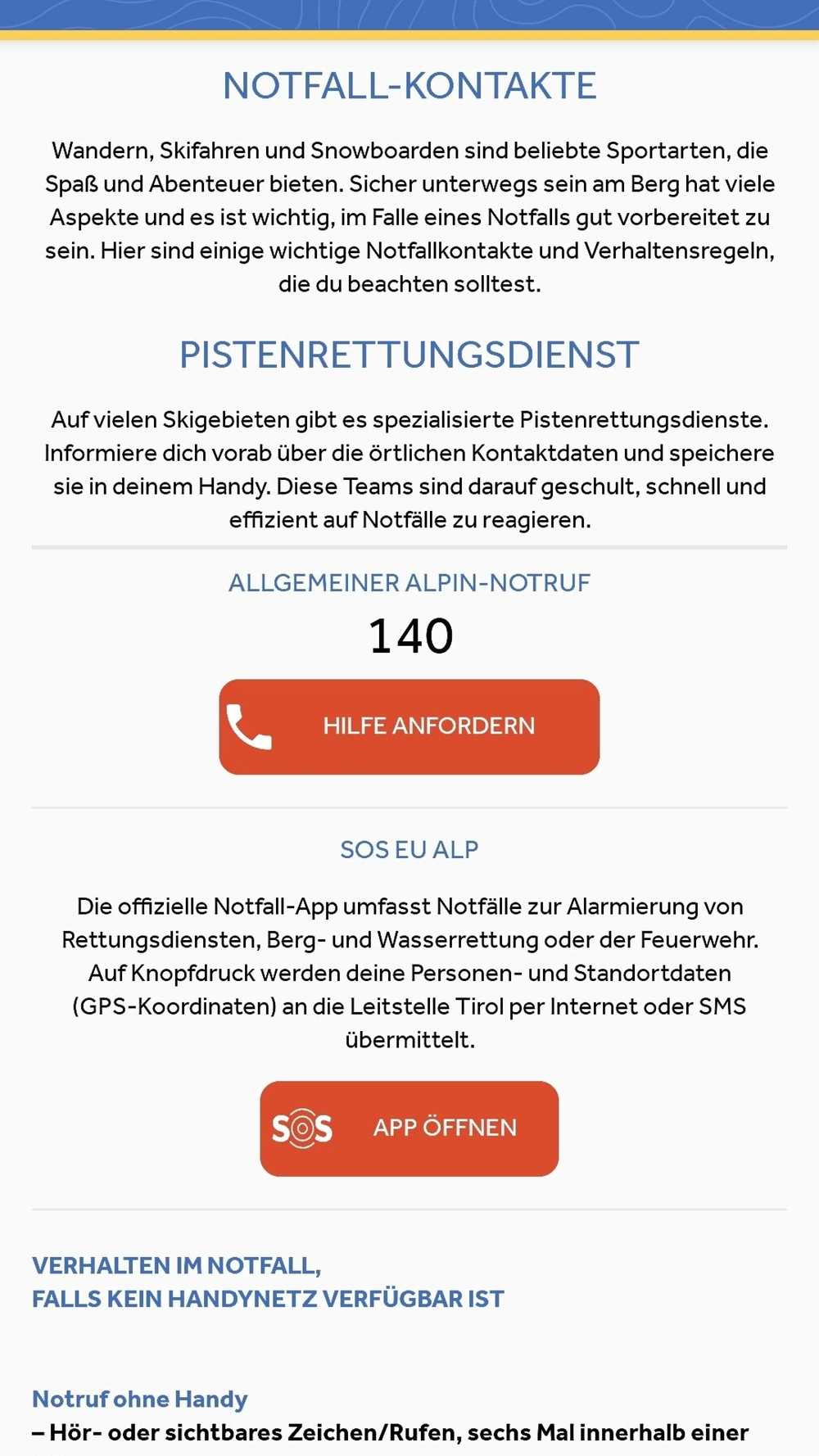 Screenshot Serfaus Fiss Ladis App: Notfallkontakte und Notrufinformationen
