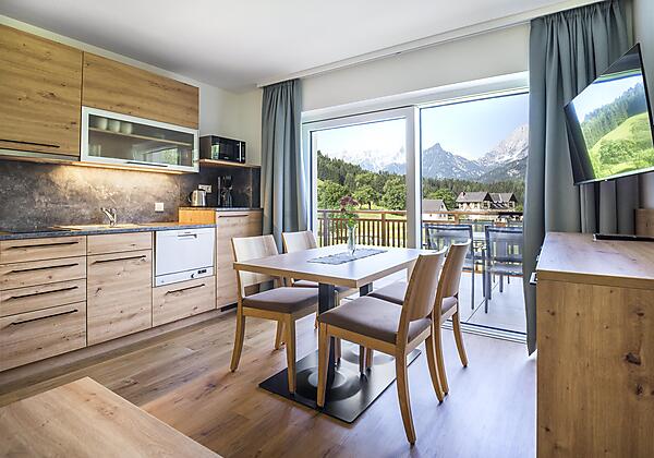 Küche und Wohnzimmer eines Appartements