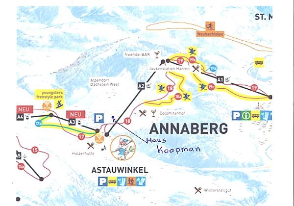 Lage in Bezug auf die Pisten von Haus Koopman